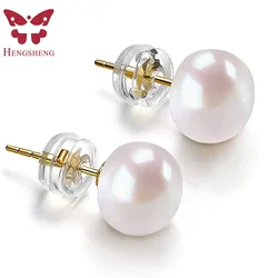 HENGSHENG-pendientes de perlas blancas cultivadas de agua dulce para mujer, joyería clásica de Plata de Ley 925, pendientes de botón dorados, envío directo