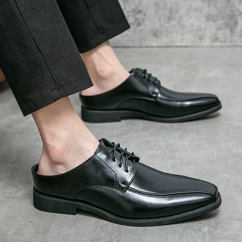 Leather Mules Men’s Half Shoes for Men Party Shoes Casual Designer Shoes Backless Loafers Luxury Black Slippers Big Size Summer