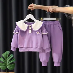 Autumn Kid Girls Clothes Set Mandarin Collar Sweatshirts Pullover Top and Pants Bottom 2 Pieces Suit Children Girl Sweet Outfits