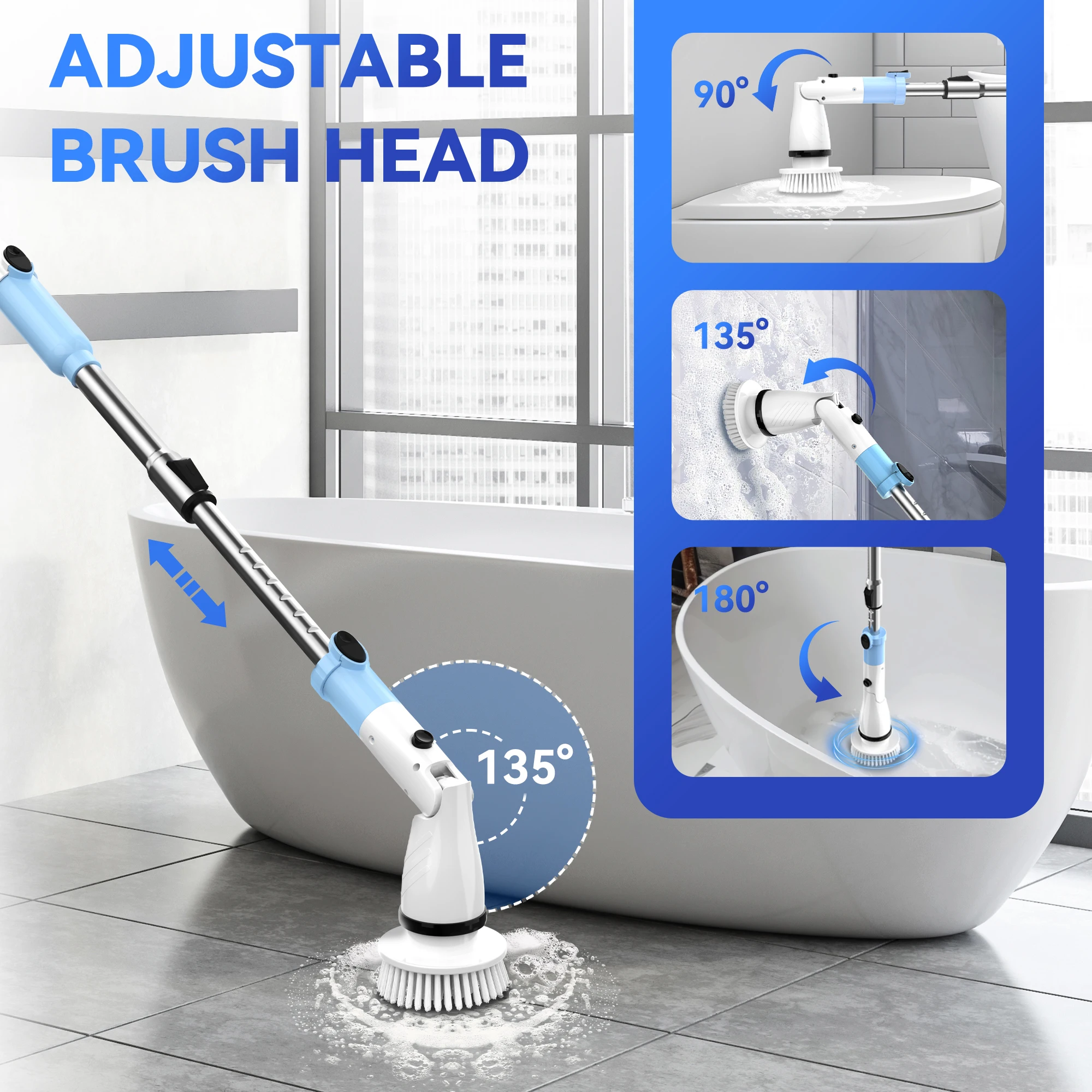 電動スピンスクラバー ハンドヘルド コードレス クリーニングブラシ 交換用ブラシ5本付き 延長ハンドル 450RPM 浴室 キッチン用