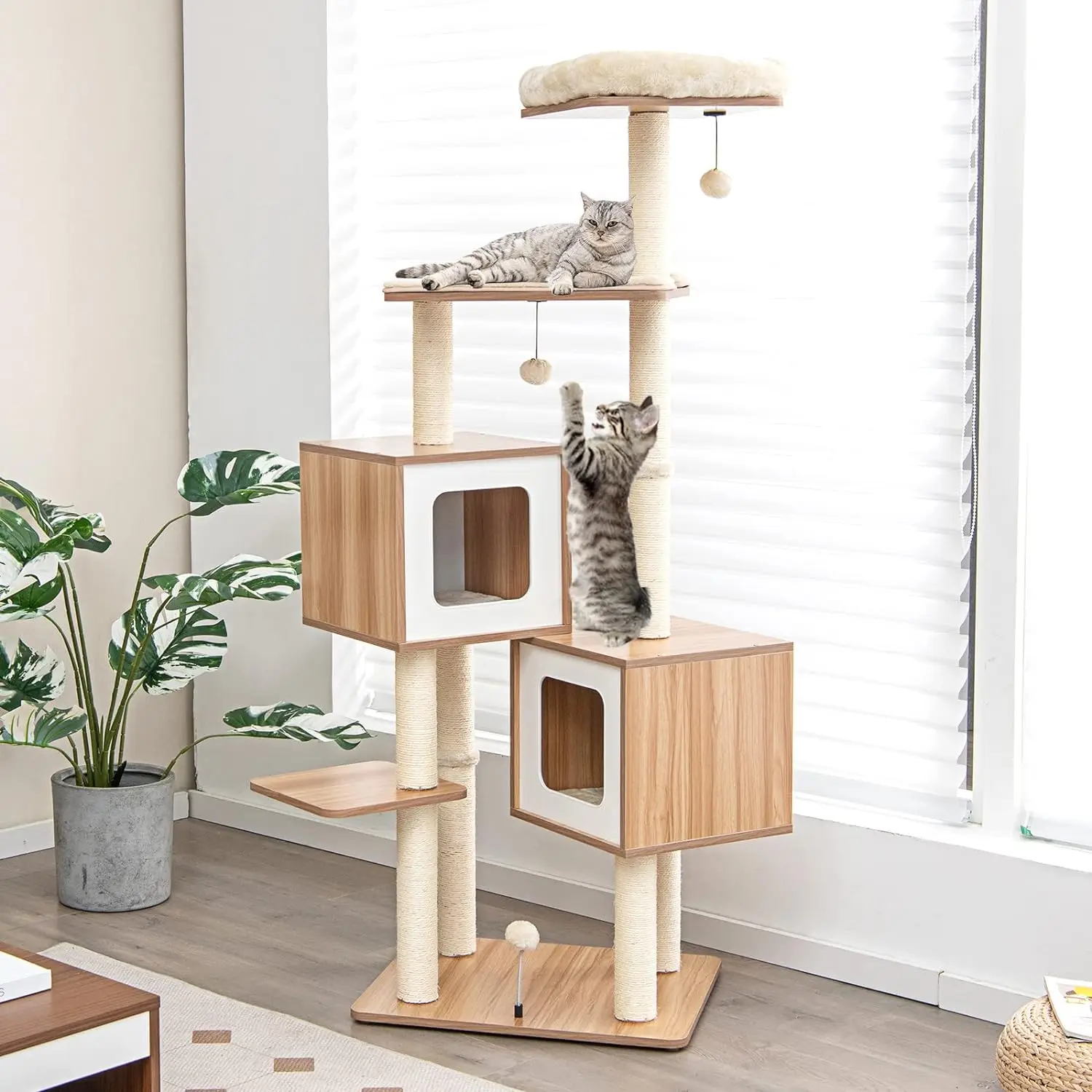 Multi-Layer Cat Tree, 64.5 inches Cat Tower with Natural Sisal Scratching Posts, 2 Condos, Padded Perch, Removable Cushion