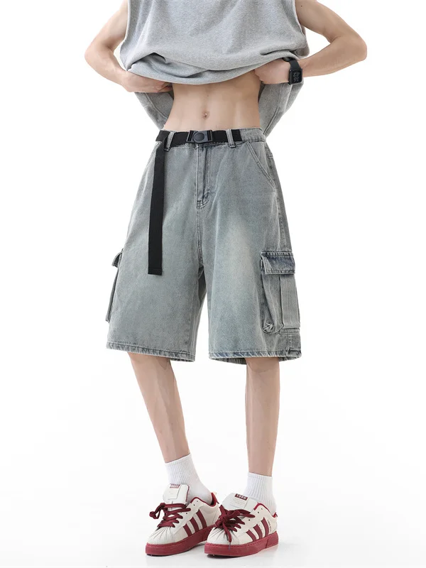 

NineteenAutum Boys' Denim orts Summer Workwear Five-Quarter Length Trendy for Teens And Students Loose Straight Cut