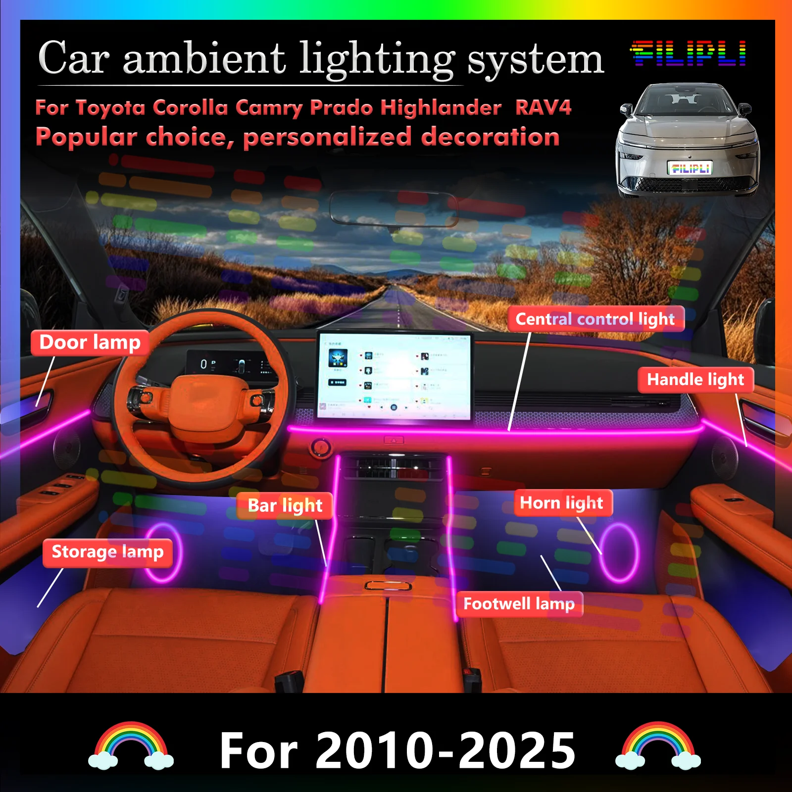 

For Toyota Corolla Camry Prado Highlander RAV4 Auto LED Ambient Lights - Magnetic Adsorption, Easy Installation
