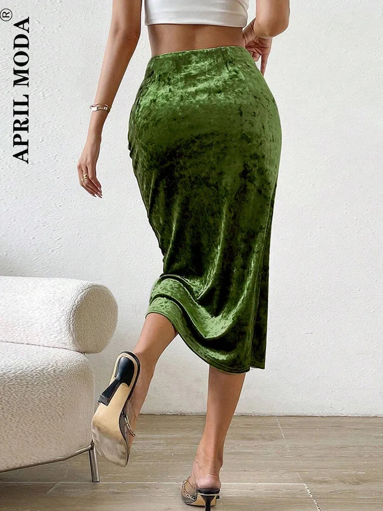 Autumn Winter High Split Velvet Wrap Skirt Green Office OL Midi Long Vintage Skater A-Line Pleated Ladies All-match Pencil Skirt