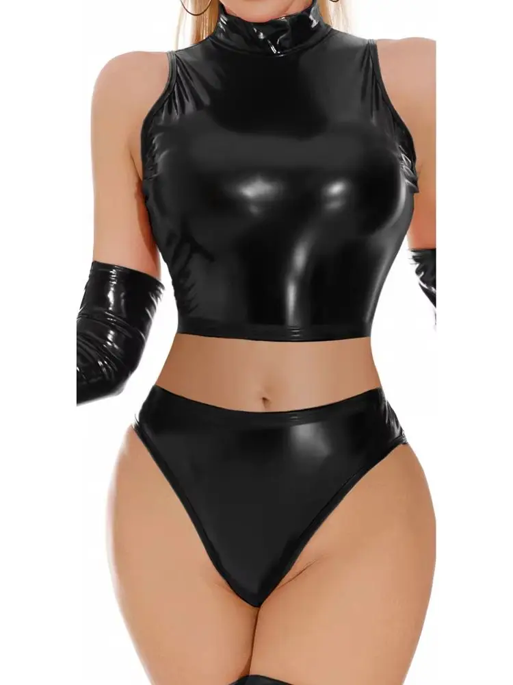 Wet Look Shiny PU Leather 2 Piece Matching Set Women Sleeveless Crop Top High Cut Briefs Sexy Night Club Party Cosplay Costume
