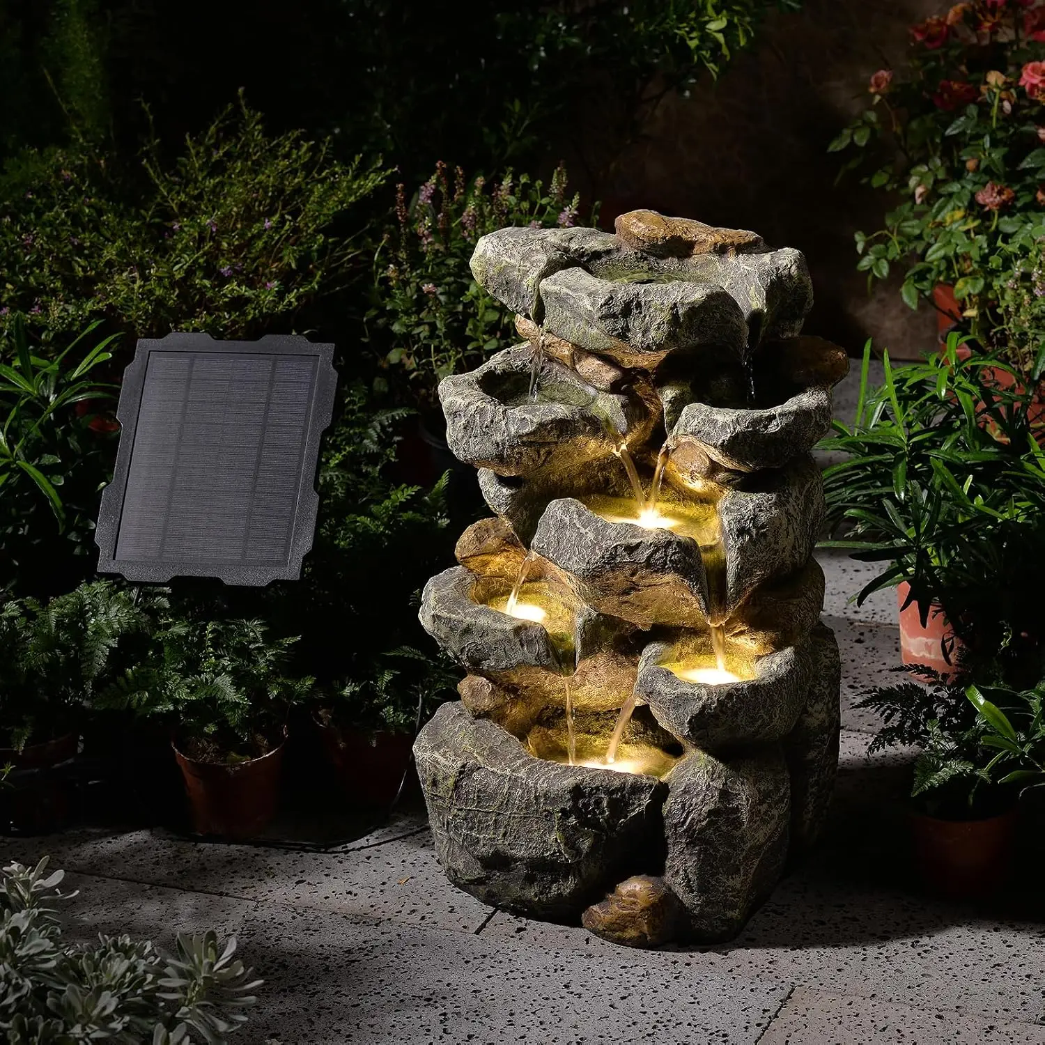 Solar Water Fountain Outdoor Garden 24 H Cascading Stone Design 5 Tier Rock Feature Waterfalls Light Pump Solar Panel Patio Deck