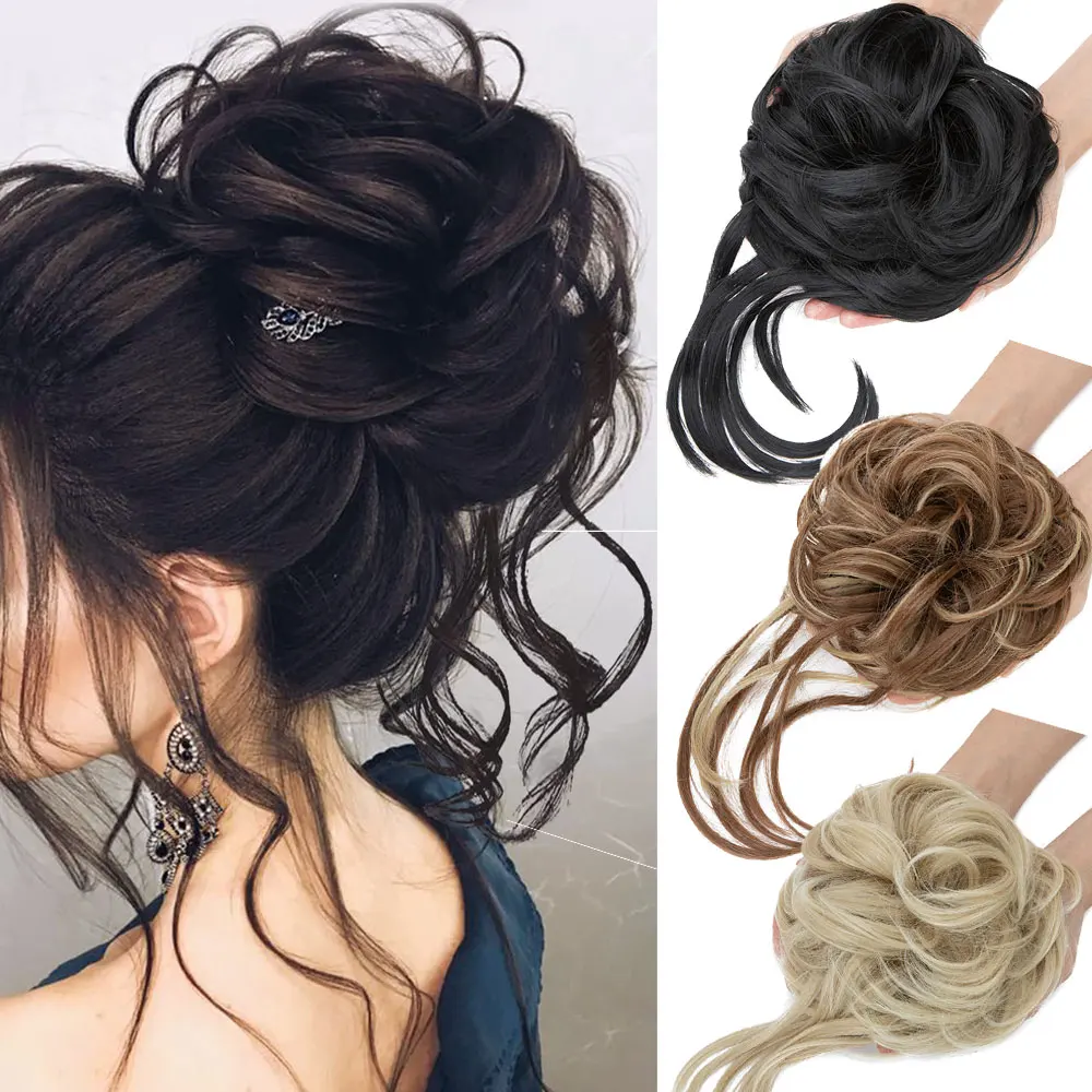 Snoilite Synthetic New Messy Bun Curly Hair Piece Tousled Updo Extension with Elastic Wrap Messy Bun Scrunchies Updos Hairpieces
