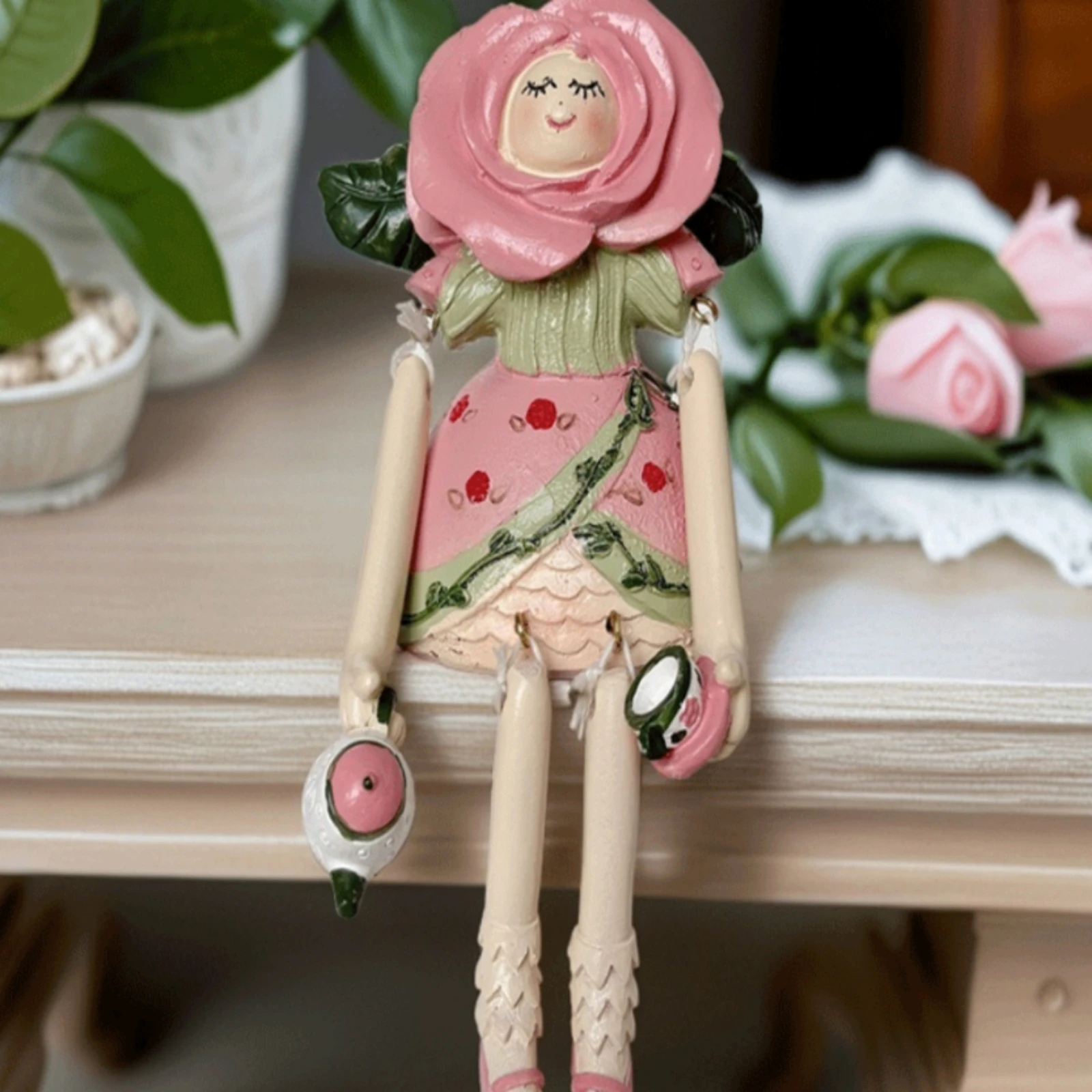 Angel Figurine with Rose Hood Floral Resin Angel Statue Hand-Painted Girl Sculpture Cottagecore Decor Small for Collectors, Desk
