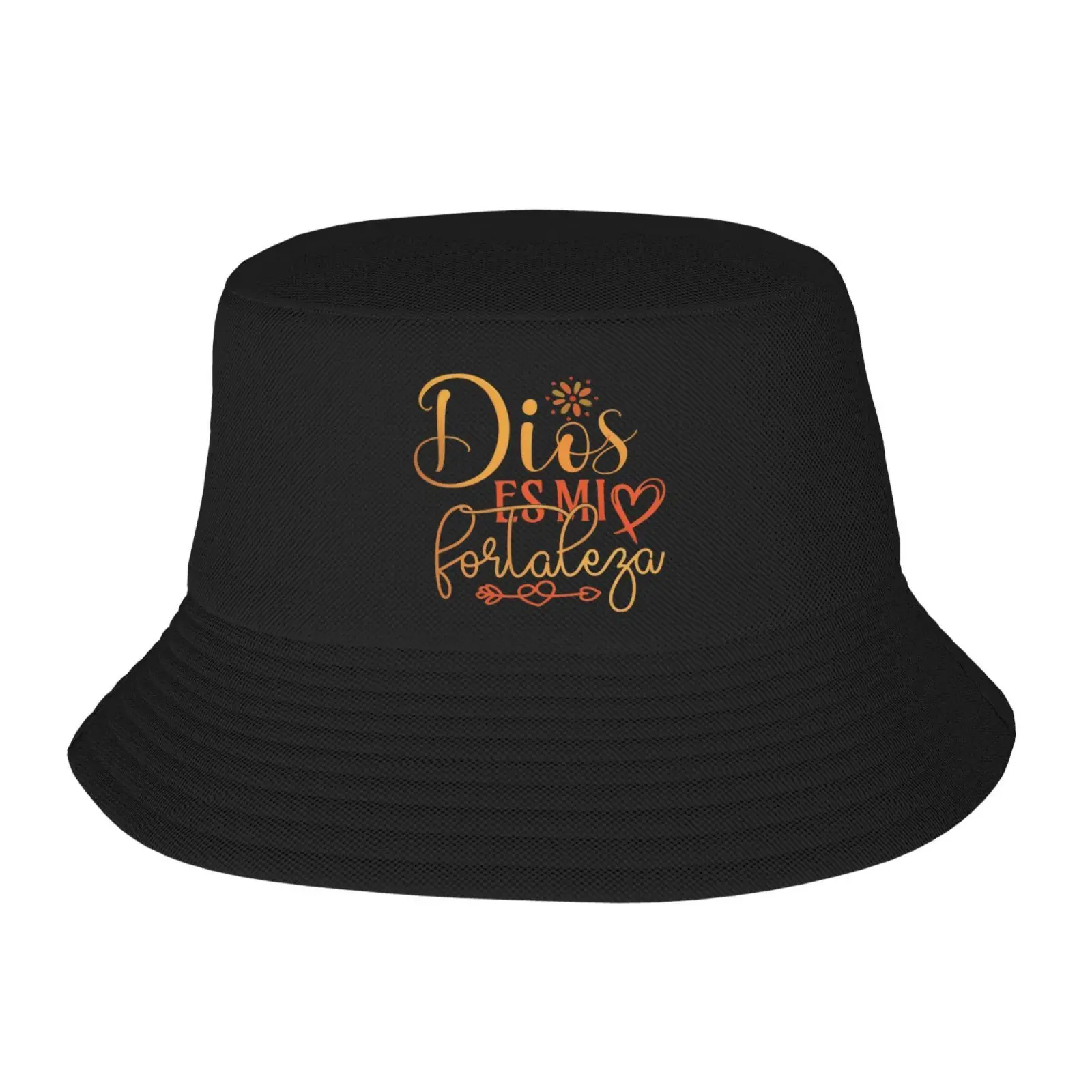 Chapéu de Pescador Unissex - Chapéu de Pescador Preto - Design de Fé Cristã Espanhola Dios Mi Fortaleza com Padrão de Deus, Proteção Solar