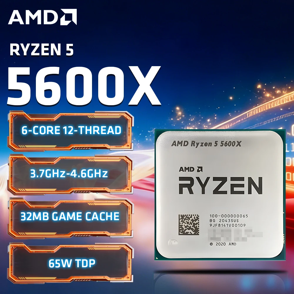 

Процессор AMD Ryzen 5 5600X, 8 ядер, 16 потоков, частота 3.7-4.6 ГГц, 32 МБ кэш-памяти, для игр и киберспорта