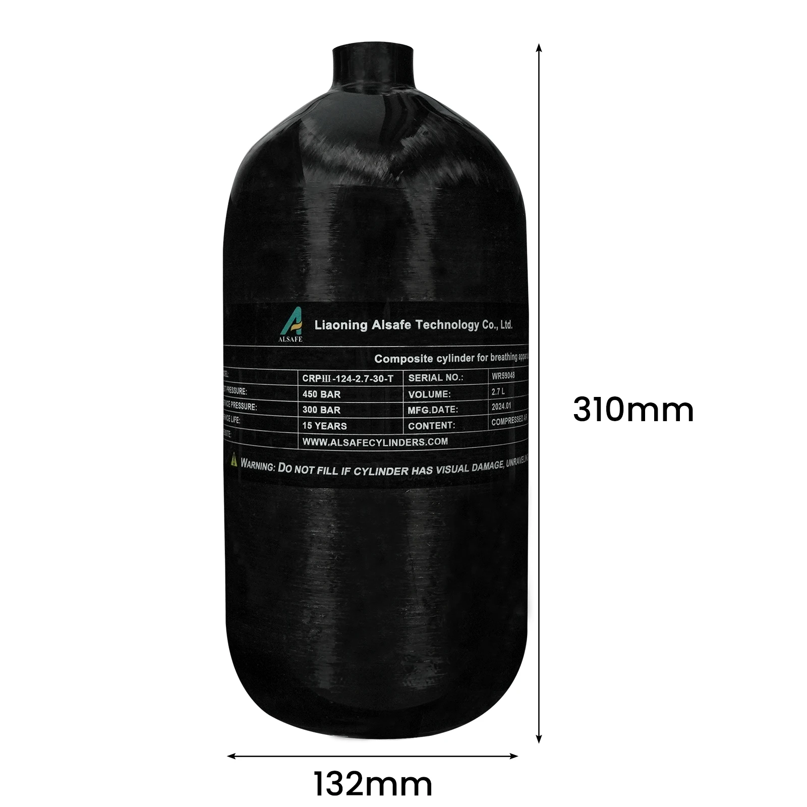 TUXING 4500Psi 300Bar 2.7L Carbon Fiber Cylinder HPA Air Bottle Mini Scuba Diving Tank for Firefighting Diving M18*1.5