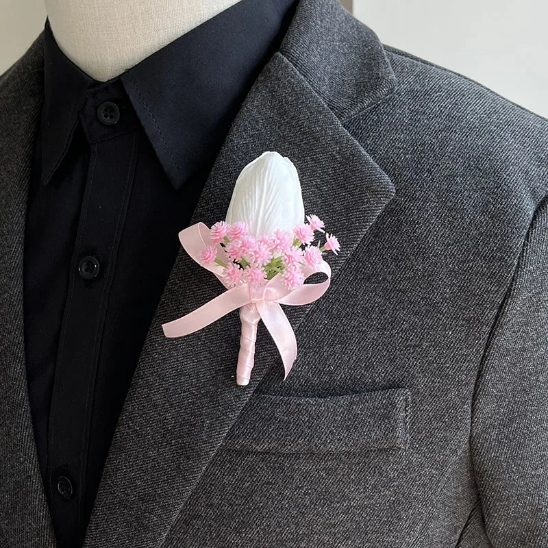 Broche de flores para fiesta de graduación, ramillete de tulipán Artificial de PU, accesorios de boda, alfiler de traje con ojal, boda