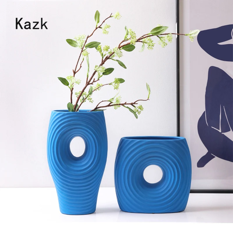 

Nordic Openwork Blue Ceramic Vase Fashion Simple Living Room Entrance Plant Ikebana Vase Crafts Home Decoration Accessories