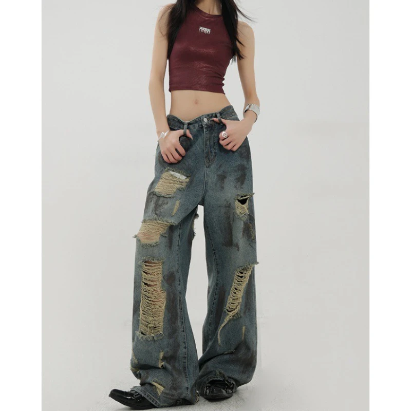 

Wasteland Style Retro Splash-ink Hole Jeans Women's Spring and Summer Low Waist Slim Wide Leg Mop Pants