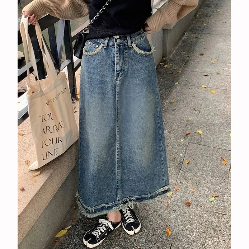 

2026 Summer Trendy Lady Raw Edge Designer Skirt Women Thin Mid-Long Jeans Dress Girls High Waist Leisure Denim Skirt
