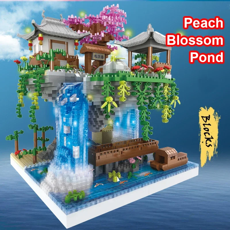 3320 Pcs Tree House Mini Diamond Block Particle Peach Blossom Pool Traditional With Light Chinese Architecture Building Blocks