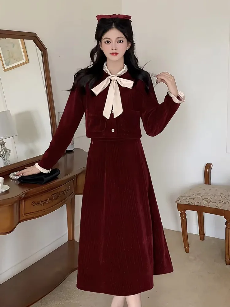 Lnsozkdg 2024 Autumn Winter New High Quality Skirt Suits Butterfly Bow Retro Elegant Long Sleeves Jacket + Skirt Two Piece Sets