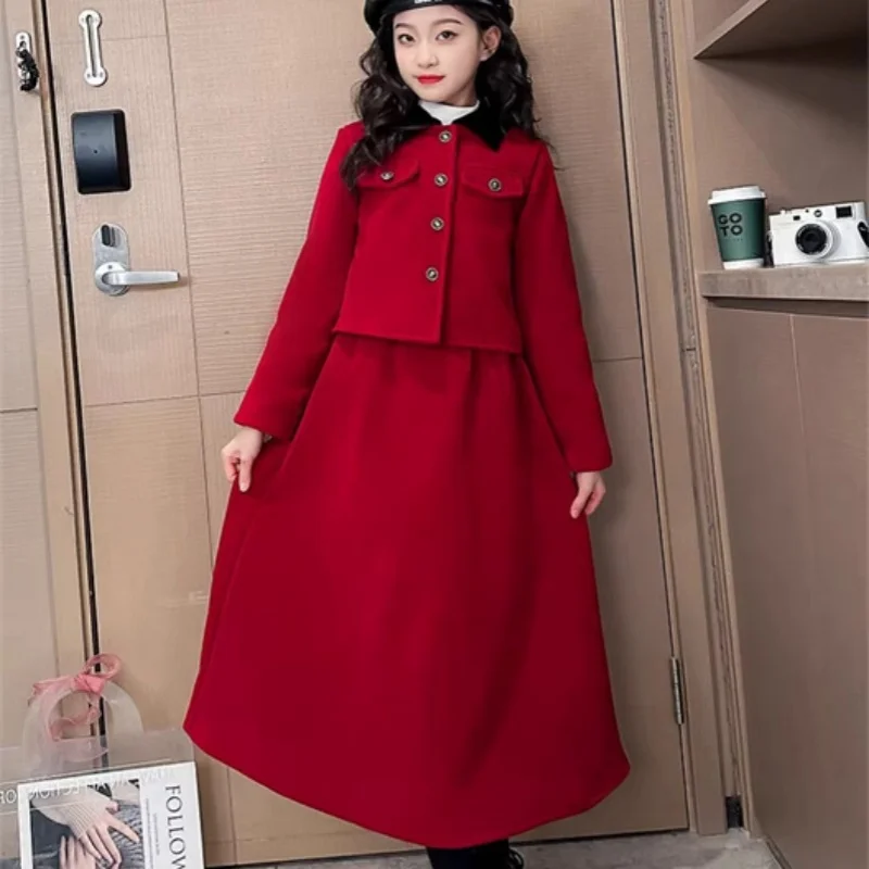 

Girls Coat +Dress Kids Suits 2PCS/Set Cotton 2024 Red Spring Autumn Cotton Jogging Suit Teenagers Children Clothing