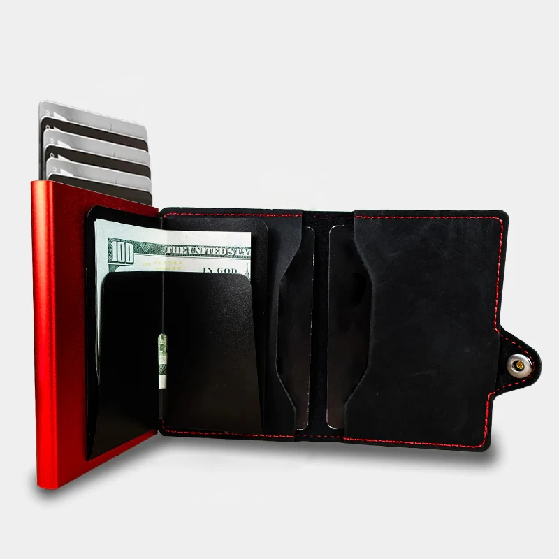 CASEKEY ผู้ถือบัตรแฟชั่นอลูมิเนียมกระเป๋าสตางค์บัตรเครดิต RFID Blocking สมาร์ทหรูหราหนัง Slim Men กระเป๋าสตางค์ซิป Vallet