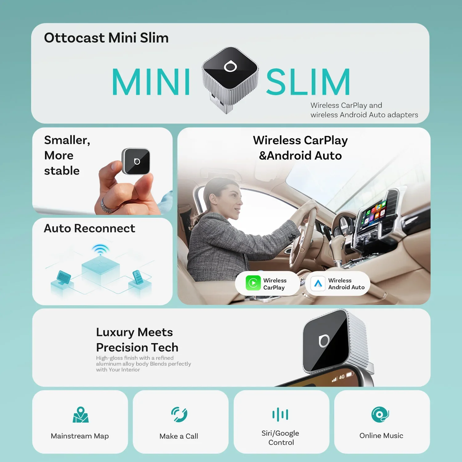 Ottocast Mini Slim Adapter Wired to Wireless Carplay&Android Auto Compatible with 99% of Cars Plug and Play WiFi Smart Dongle