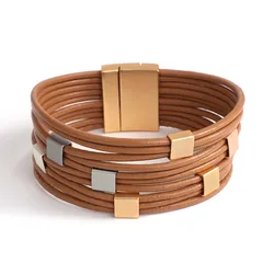 ALLYES Trendy Two Tone Square Cube Leather Bracelet for Women Bohemian Multilayer Slim Strips Wrap Bracelets Charm Jewelry