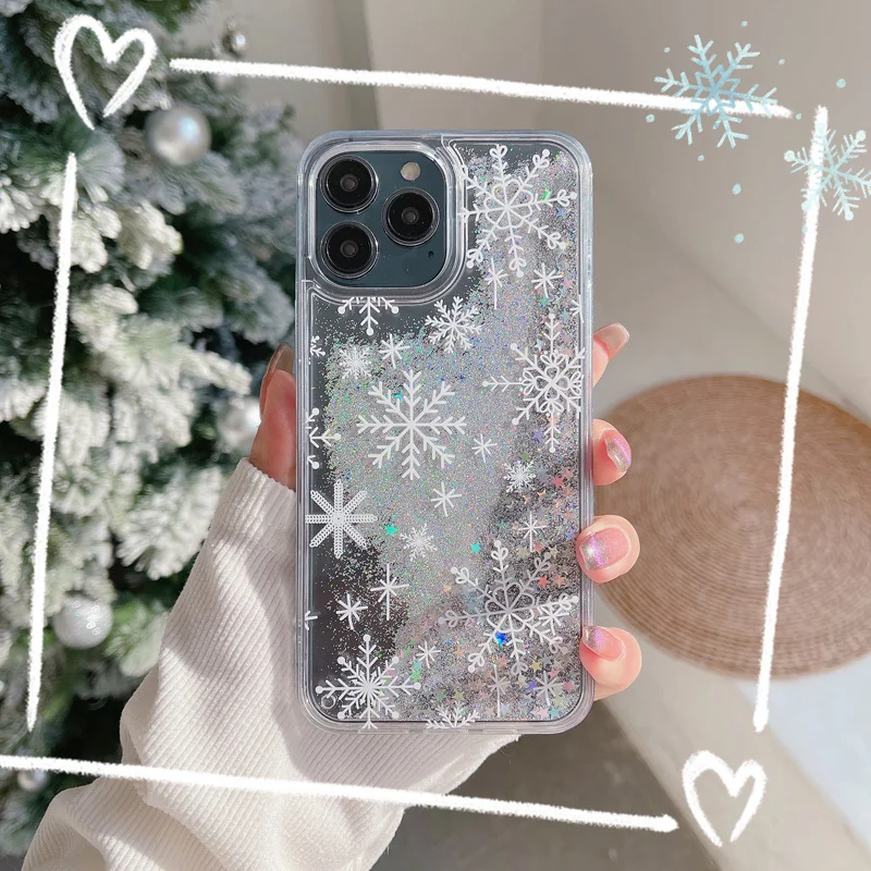 Ins Snowflake Liquid Quicksand Funda For iphone 11 14 15 Pro Max Case 12 13 Soft Cover 6 6S 7 8 Plus Glitter Coque X XR XS Max