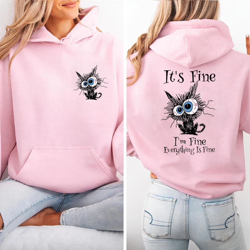 Damska bluza z kapturem Harajuku, polarowa bluza rozpinana, nadruk \"Everything Is Fine\", czarny kot, rozpinana bluza codzienna, odzież uliczna Y2k