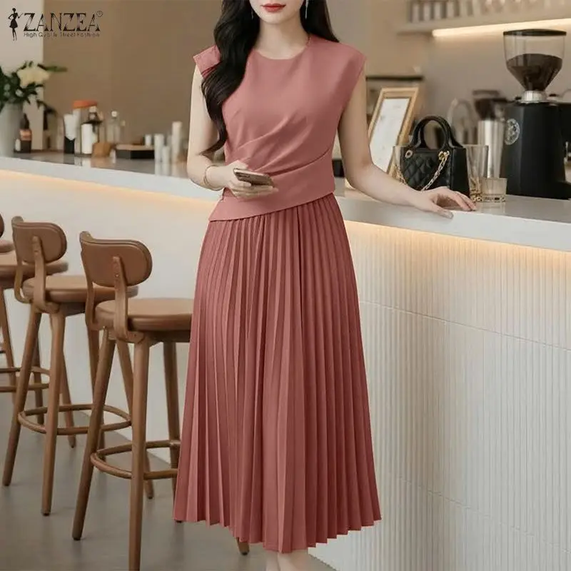 ZANZEA Mode Vrouwen Geplooide Lange Jurk Sexy Mouwloze Solid Elegant Party Vestidos 2026 Zomer O-hals Streetwear Kantoor Gewaad