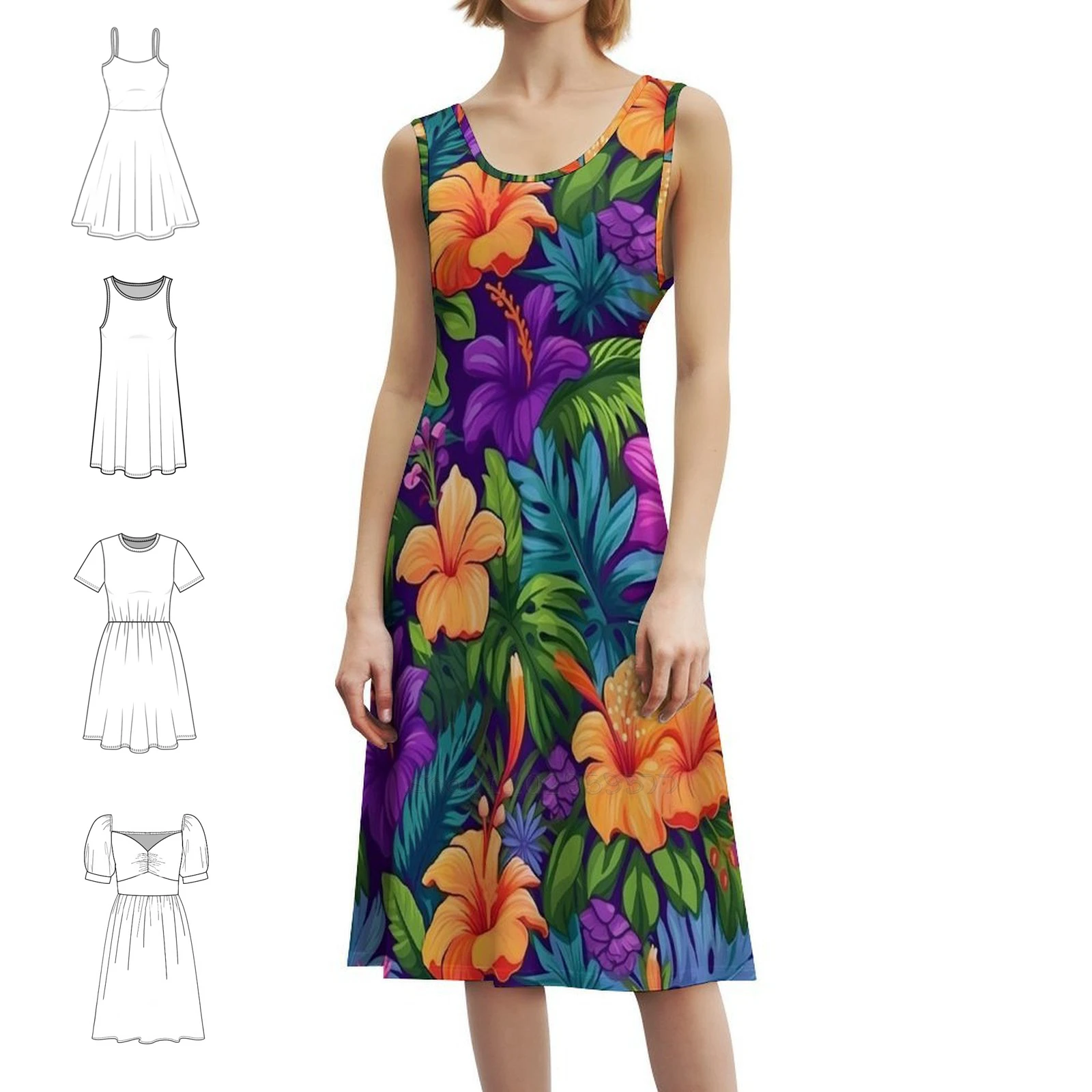 

Hawaiian Flowers Full Colored Design | Tropical Floral Bohemian Sleeveless Dress For Women Print Beach Party Dresses Hawaiian
