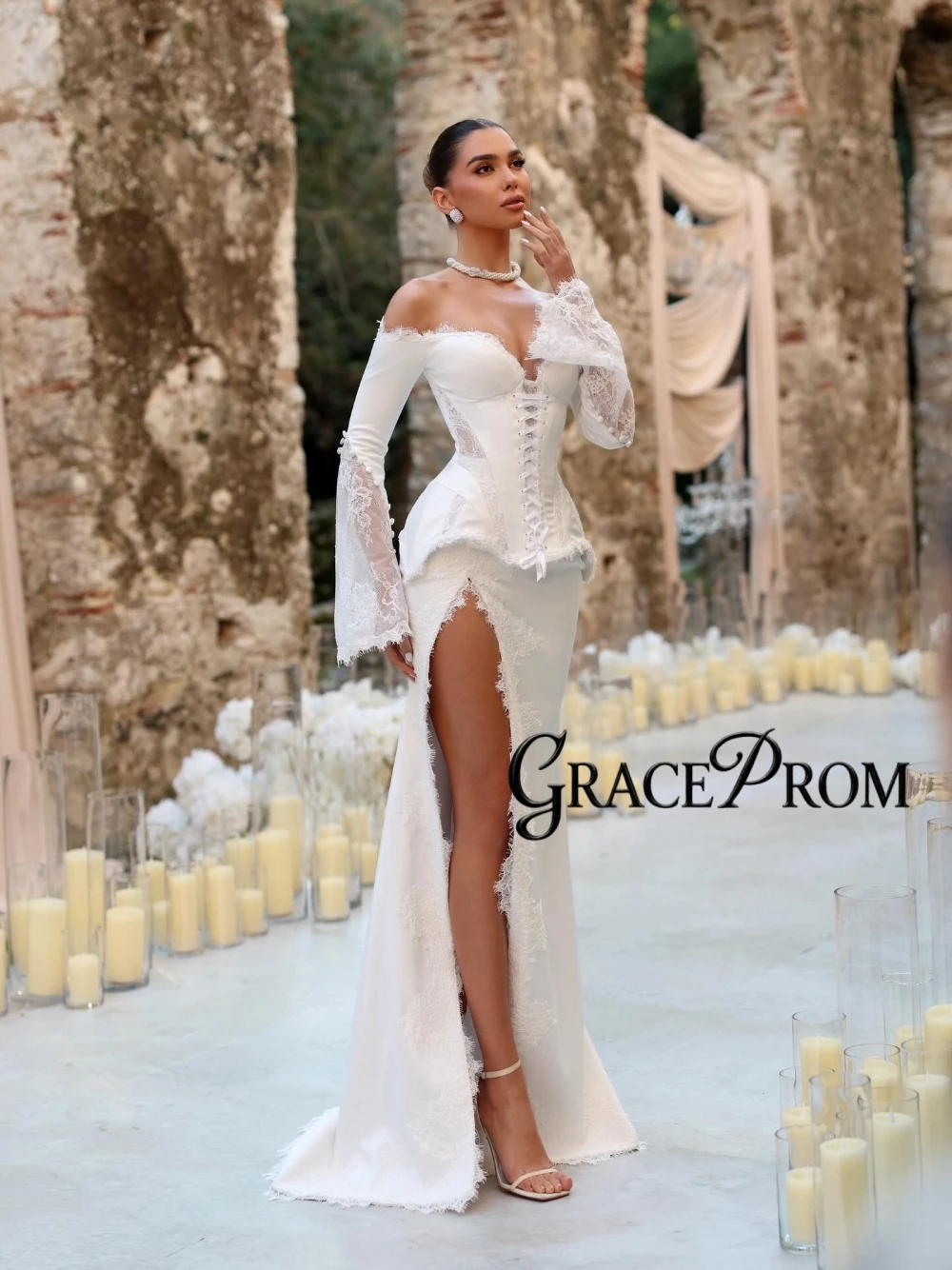 

Satin Lace Off Shoulder Long Sleeve Corset Wedding Dress Sexy High Slit Mermaid Bridal Gown For Formal Wedding Party Customized