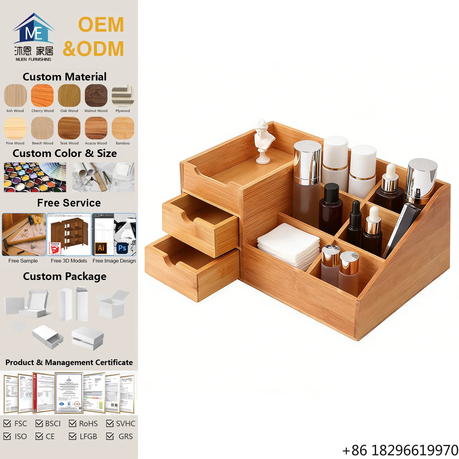 Makeup Organizer Bamboo Wood American Style Glossy Finish Polygon Eco-Friendly Vanity Countertop Cosmetic Jewelry Storage Tray