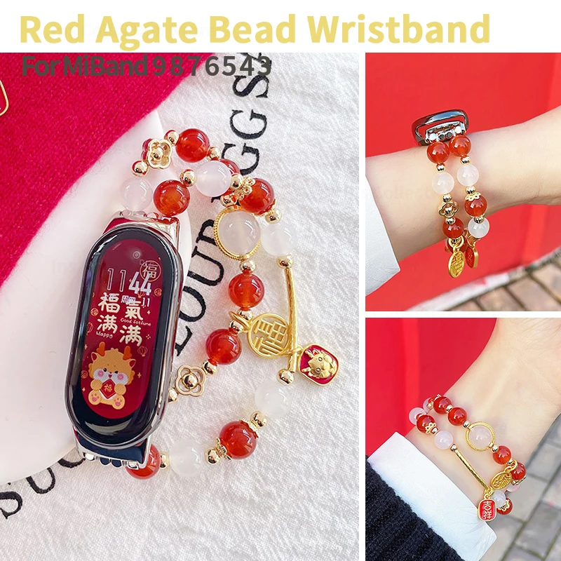 Red Agate Beaded Wristband for Xiaomi Mi Band 9 8 7 5 4 3 Chinese Style Watchband for Mi Band 6 Strap Replacement Women Bracelet