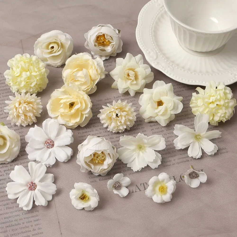 20 Stück gemischte künstliche Blumen, Seidenrosen, künstliche Blumen, Kopf für Heimdekoration, Hochzeitsdekoration, DIY-Handwerk, Girlande, Blumenstrauß, Zubehör – Detail 16