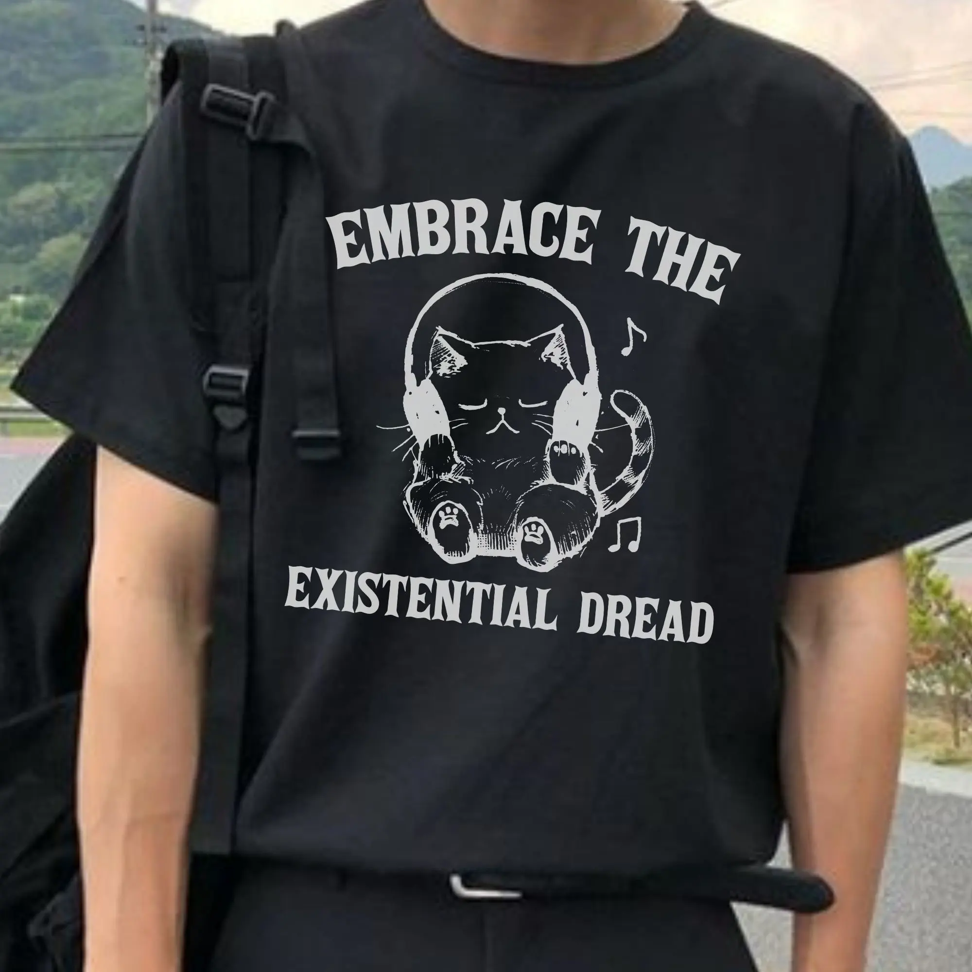 Vintage Embrace The Existential Dread Funny Cat T Shirt Sarcastic Saying Retro 90S Gag Meme Unisex