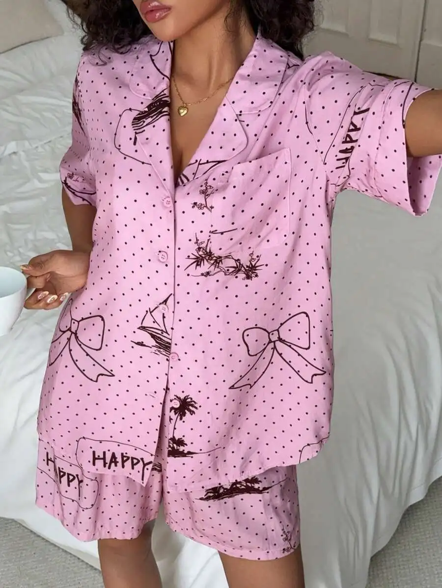 Womens Lightweight Polka Dot Graffiti Print Loose Pajama Set Summer