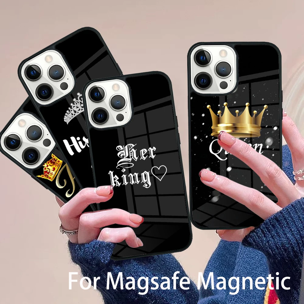 

Funny King Queen Crown Couple Phone Case Magesafe Magnetic Wireless Charge Cover For IPhone 16 11 12 13 14 15 Pro Max Plus Mini