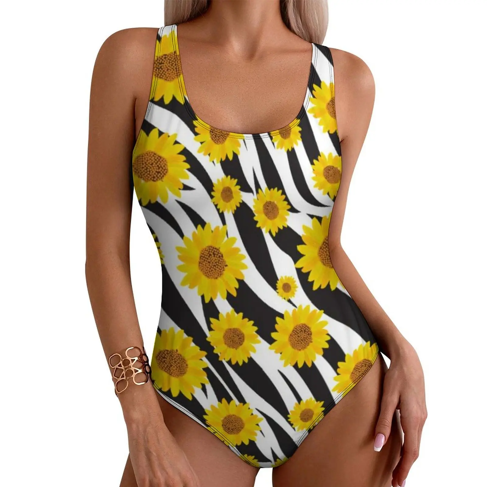 Sunflower on Zebra Swimsuit Floral Animal Print One Piece Swimwear Push Up Stylish Bathing Suit Sexy Holiday Rave Beach Outfits