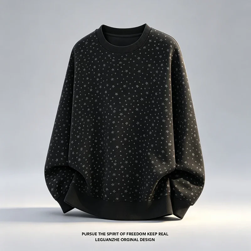 Crew Neck Long Sleeve Star Print Sweatshirt For Men Loose Fit Soft Fleece Top Autumn Street Casual Clothes