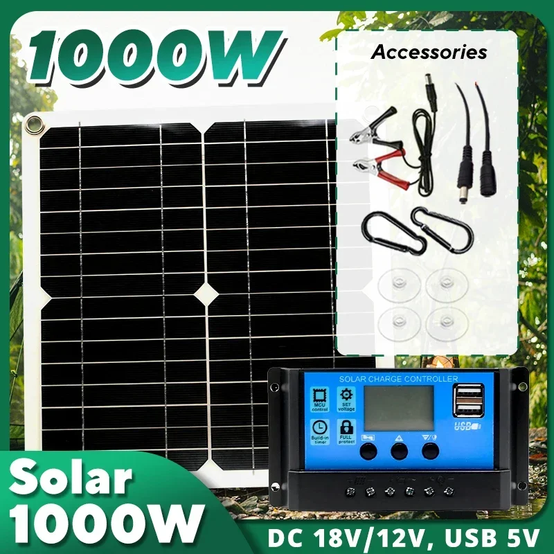 1000W Solar Panel Kit,12V Solar Cell 10A‑100A Controller, Portable Solar Charger for RV,Caravan,Home,Camping,Phone & Battery