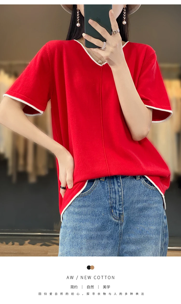 100% Cotton T-Shirt Women's V-Neck Pullover Short Sleeve Summer New Casual Knitting Loose Top Fashion Color Contrast T-Shirt