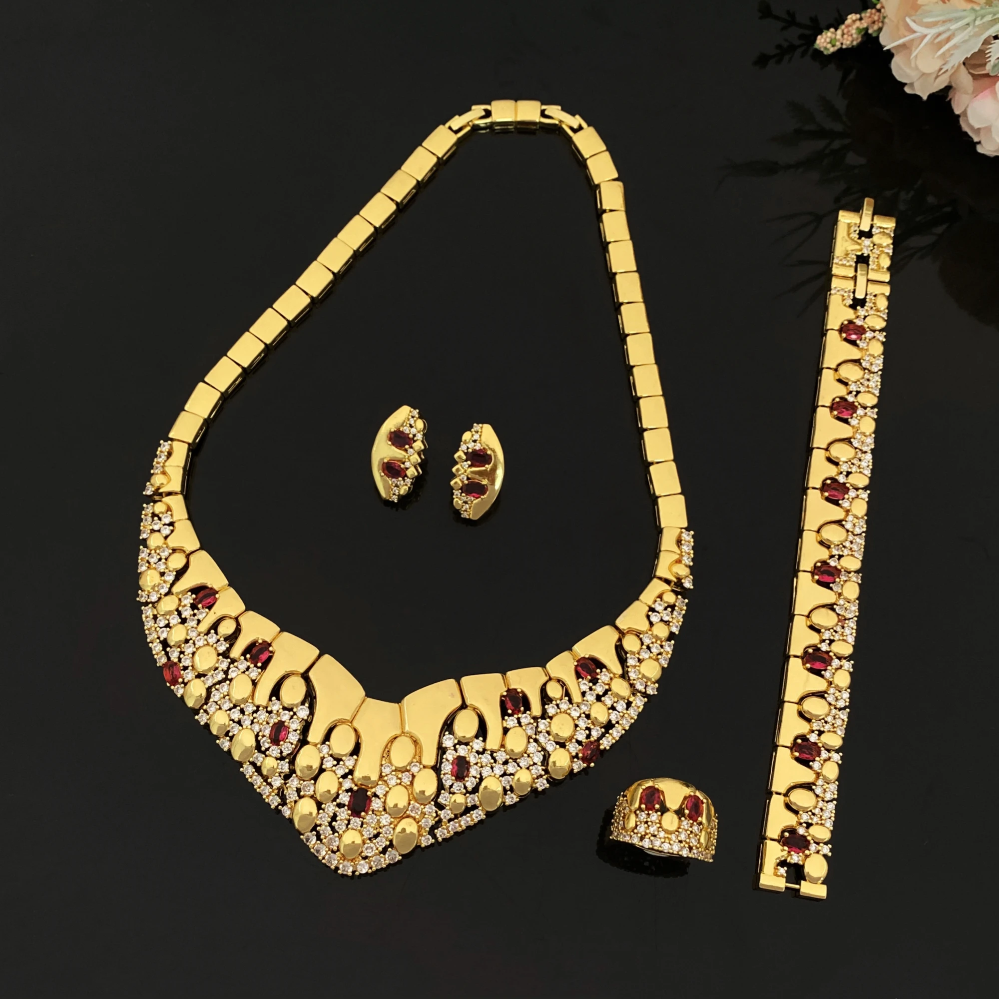 

JRH Women's Jewelry Vintage Elegant French Design Perfect Gift 4-Piece Gold-Plated Zircon Bracelet Ring Necklace Earrings