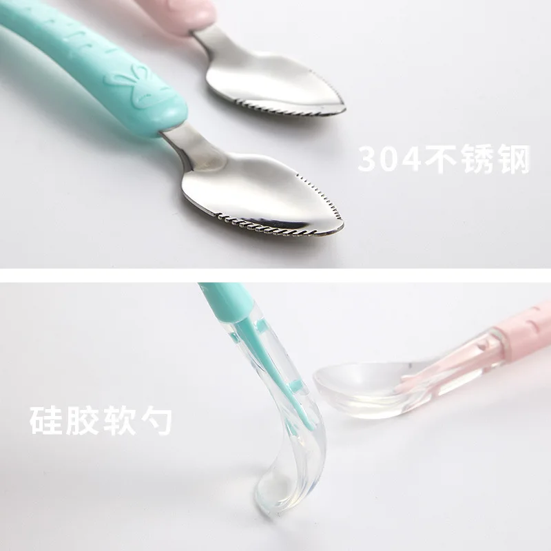 Baby Food Feeding Spoon Stainless Steel Scraping Silicone Soft Spoon Infant Tableware Utensil With Box Children Toddler Cutlery