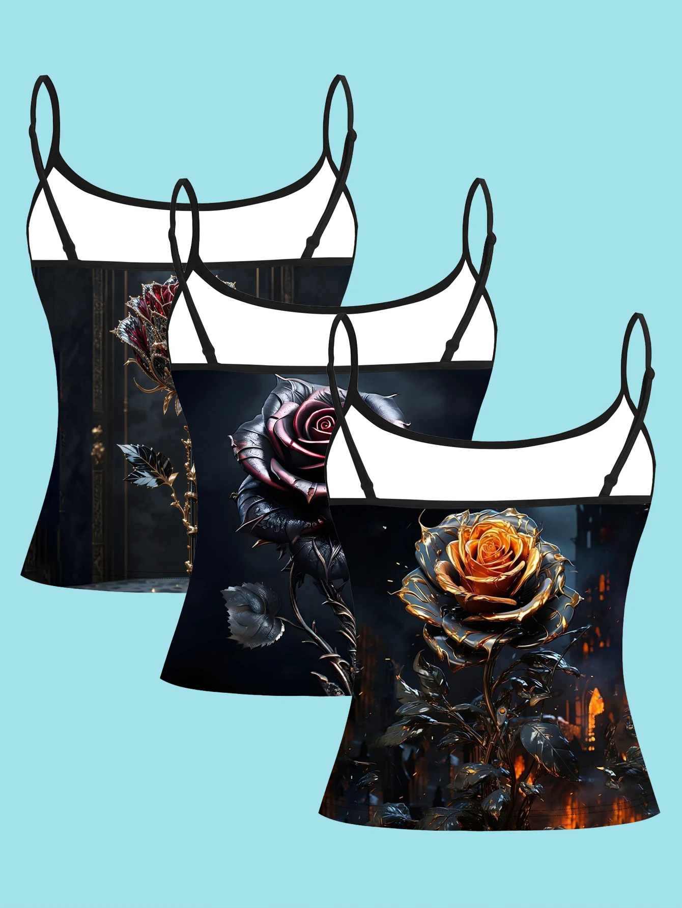 3-Piece Set of Metallic Rose Print Camisoles for Women, Gothic Castle Dark Floral Slim-Fit Sleeveless Hot Girl Inner Tops