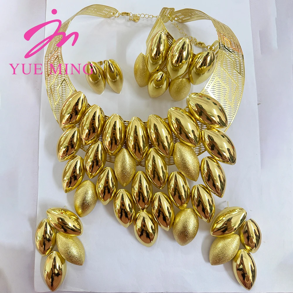 

YM Luxury Jewelry Sets Women Italian Brazilian Gold Plated Wedding Necklace Earrings Charm Bracelet Open Ring Party Jewellery