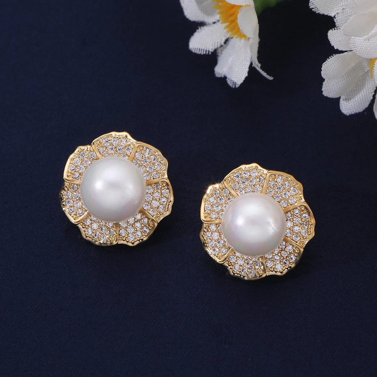 Floral Pearl Center Stud Earrings, Pave CZ Petal Flower Statement Earrings For Wedding Bridal Daily Evening Party