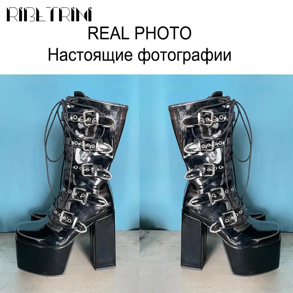 New Punk Goth Women Motorcycle Boots High Heeled Knee High Platform Shoes Heart Buckle Lace Up Luxury Trendy Winter Street Boots