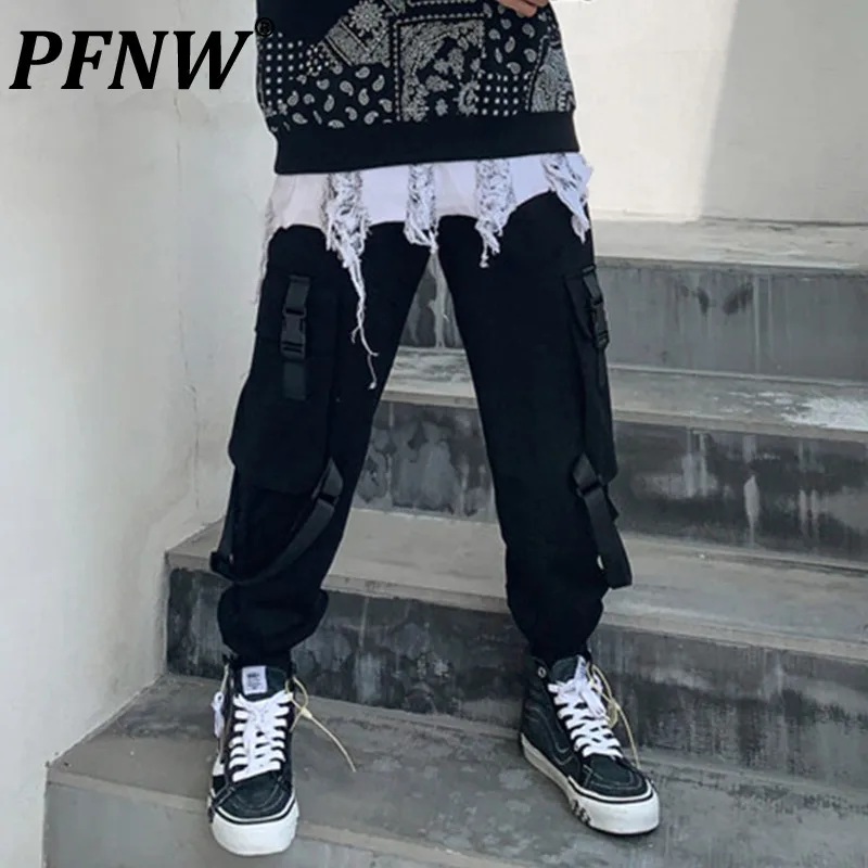 

PFNW New Autumn Men's Pants Casual Ribbon Big Pockets Bottom Straight Binding Leg Male Trousers Dark Design 2024 Tide 12C688