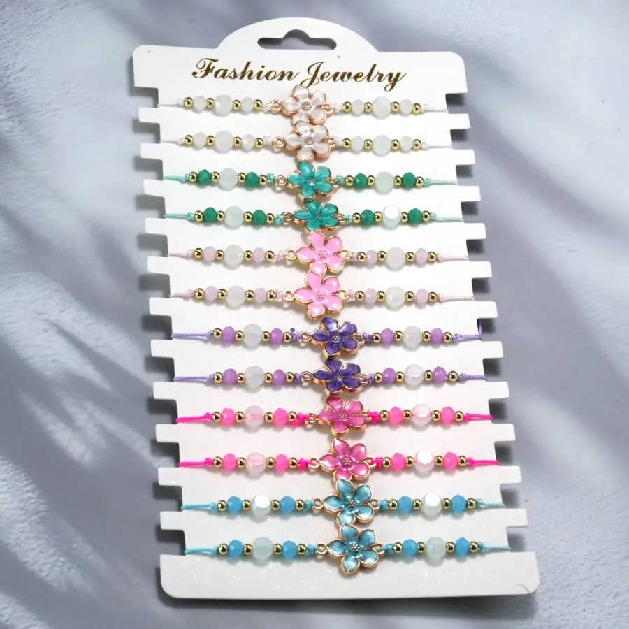 Noter New Fashion 12Pcs Per Pack Flower Braided Rope Bracelet 6 Colors Options Handmade Adjustable Women Stackable Bracelets
