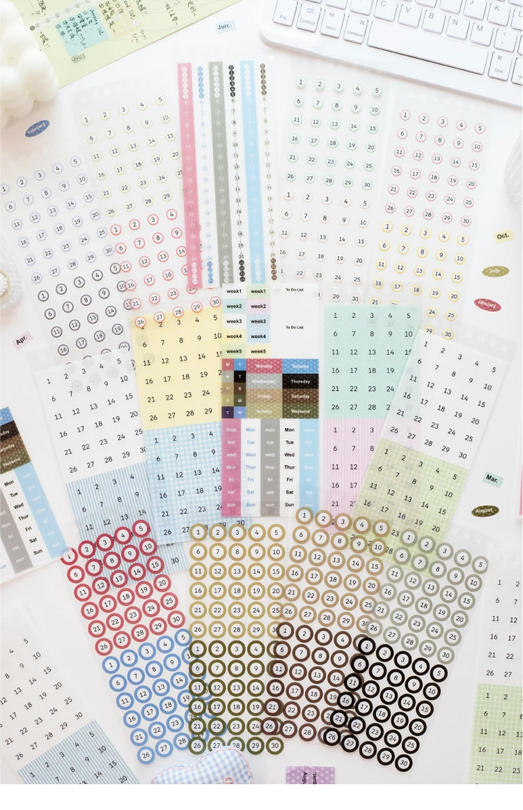 Journal GO 30pcs Mixed Material Date Planner Stickers PET & Washi Paper Index Sticker for Scrapbooking Colorful Number Month