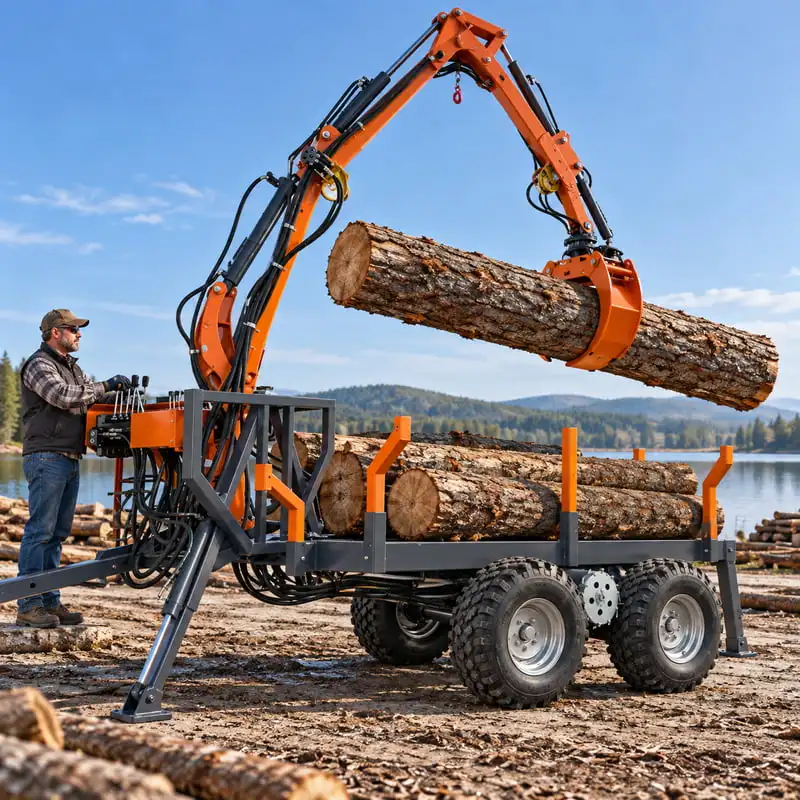 Wood Loading Crane Customized for Log Loading and Hauling Using Secure Log Stakes Robust Hydraulic Timber Crane